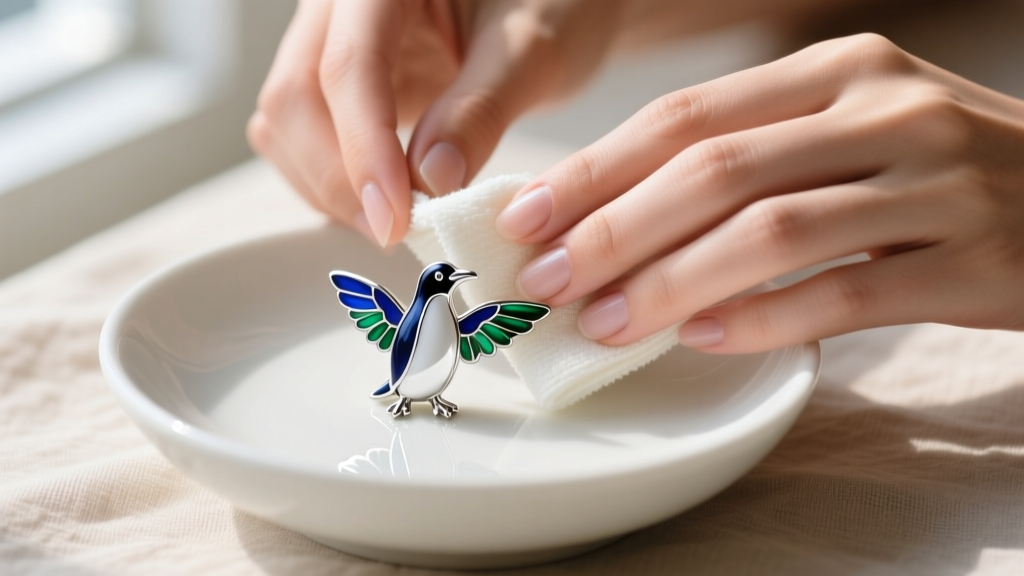 Hands using a soft microfiber cloth to gently clean the enamel wings of a sterling silver penguin earring over a white ceramic bowl