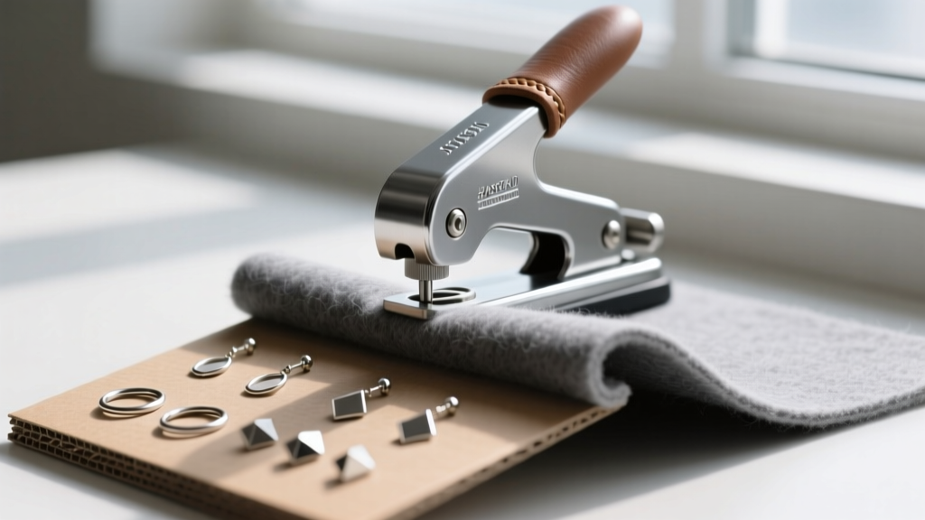 A leather hole punch tool creating a precise hole in grey felt lining, positioned over a slanted cardboard earring display base.