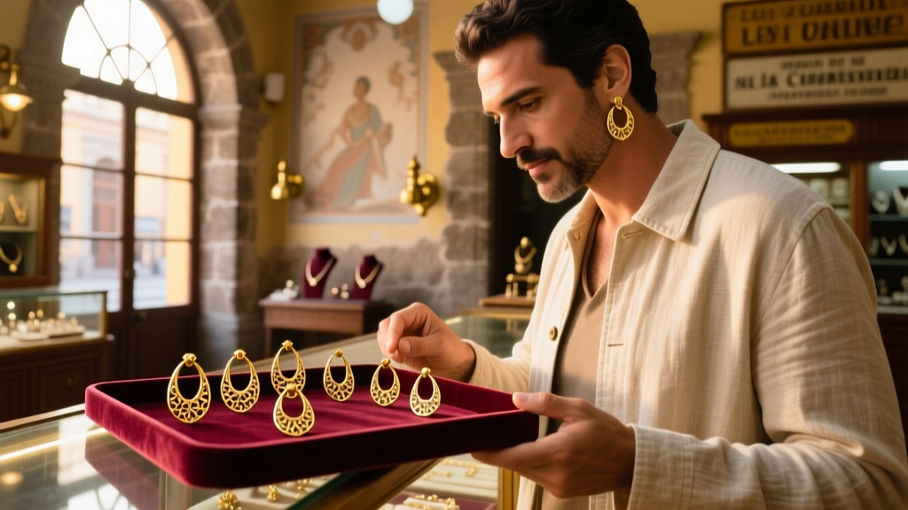 A warm, sunlit view of a customer examining a velvet tray of gold hoop earrings at a traditional jewelry counter in Mexico City