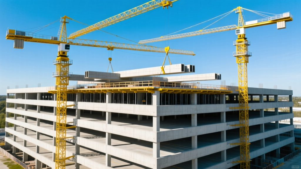 Aerial view of a multi-level precast concrete parking garage under construction with yellow tower cranes lifting structural beams