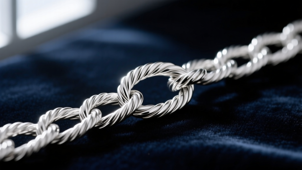 Macro shot of 925 sterling silver rope chain showing intricate twisted links and high-polish finish against dark velvet backdrop.
