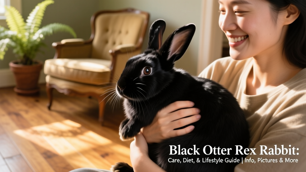 A calm, relaxed Black Otter Rex rabbit being gently held by a smiling adult, illustrating its friendly, trusting nature