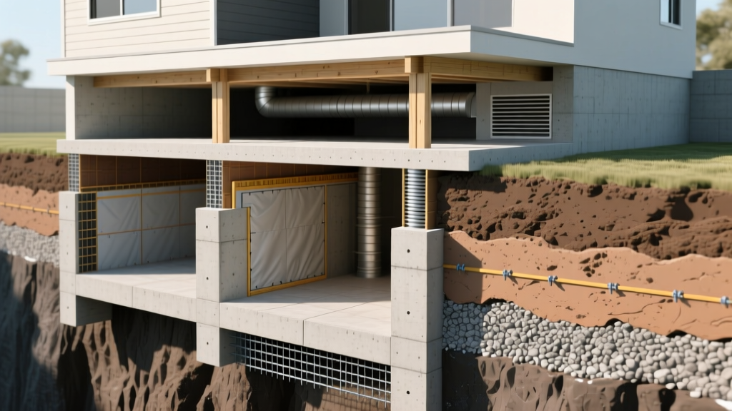 Cross-section architectural diagram showing slab, crawlspace, and basement foundations with soil layers and concrete footing details