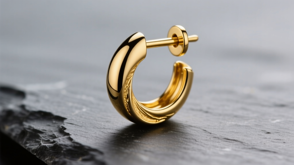 Macro shot of a bent 18ct yellow gold earring post on slate, showing soft metal deformation under bright, focused studio lighting.