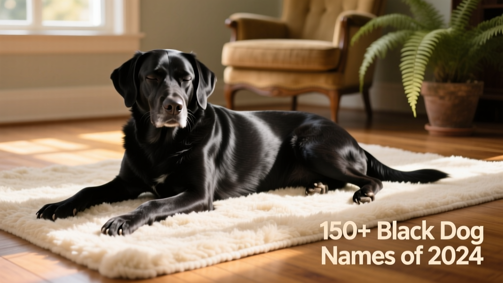 A relaxed black dog lying comfortably on a soft rug