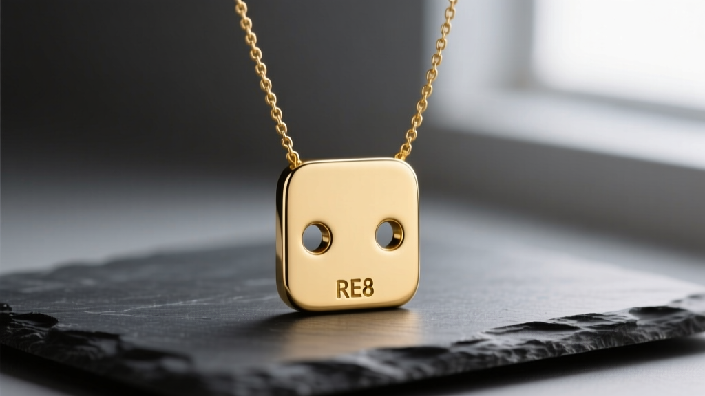 Close-up of a minimalist 14k gold vermeil RE8 necklace with two holes on the pendant, resting on dark slate with soft lighting