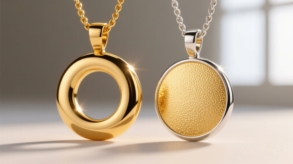 Macro view comparing a 14k solid gold circle pendant and a vermeil pendant, showing subtle color tone differences in the metals.