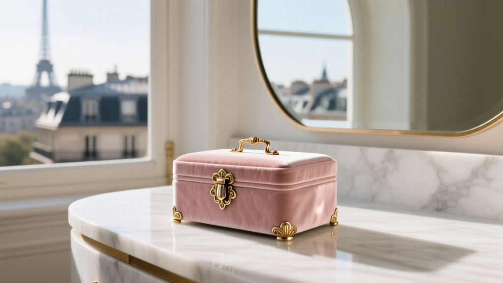 Vintage blush velvet jewelry box with brass hardware resting on a marble vanity, softly lit by morning Parisian window light.