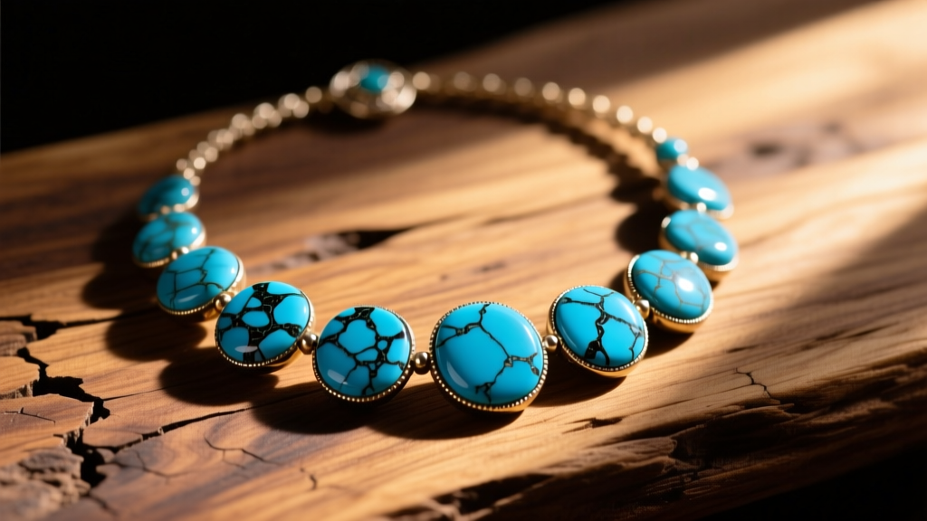 Close-up of a Tibetan turquoise necklace with dark matrix veins resting on weathered wood in warm, natural sunlight.