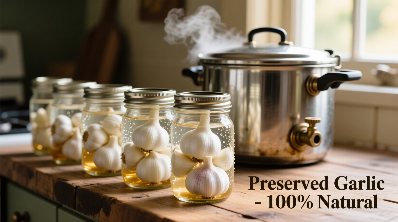 Fresh garlic cloves in mason jars with pressure canner