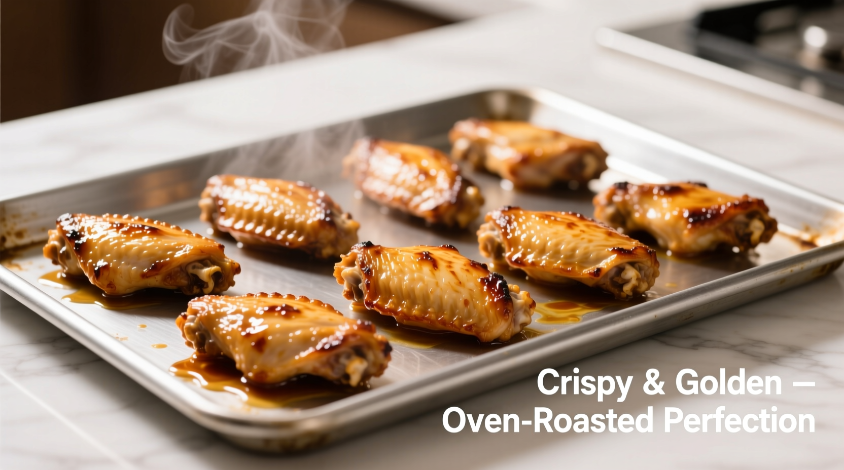 Golden brown chicken wings on baking sheet