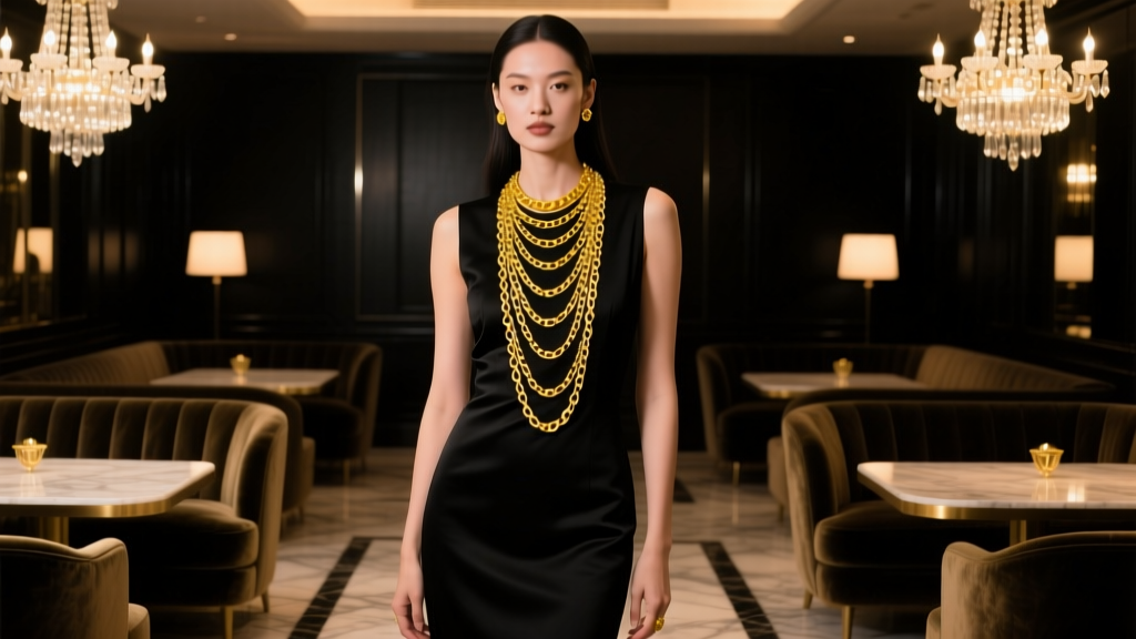 Woman in sleek black dress wearing layered 14k solid yellow gold chain necklaces in a dimly lit, elegant upscale evening lounge.
