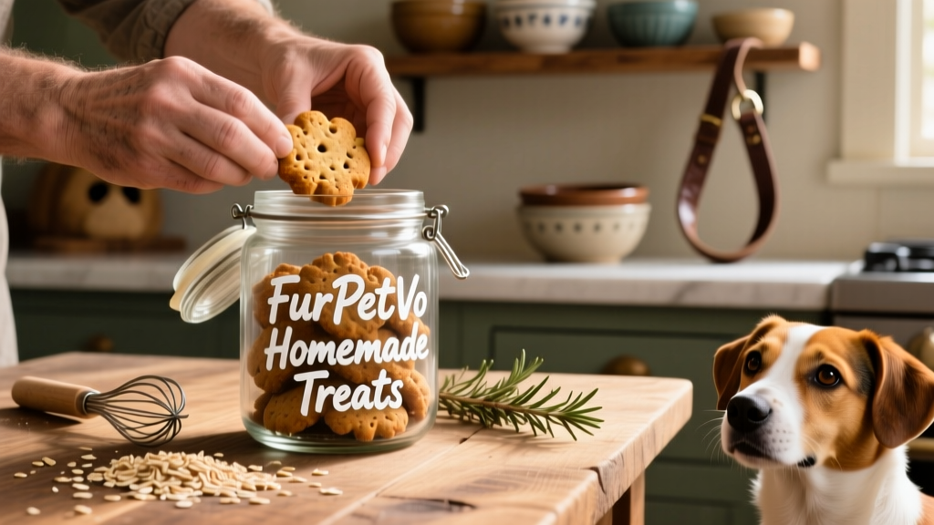Close-up of hands placing freshly baked biscuits into a reusable glass jar labeled 'FurPetVo Homemade Treats'