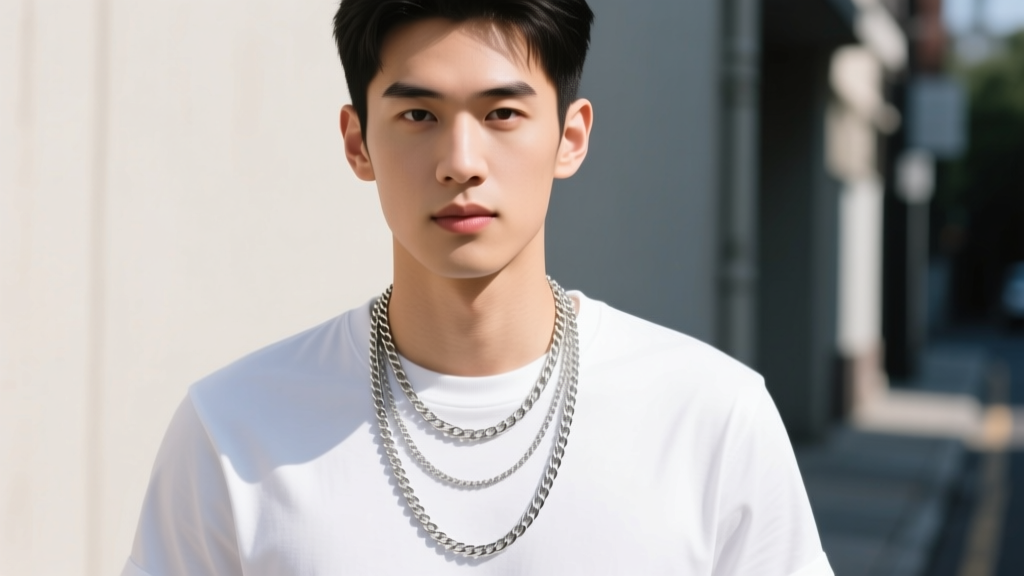 Front portrait of a man wearing three layered silver chains of varying lengths over a white t-shirt in bright natural daylight