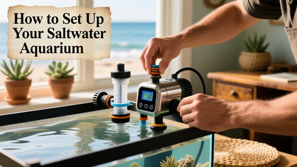Hands assembling a saltwater aquarium setup with filter, heater, and powerhead visible on the tank rim