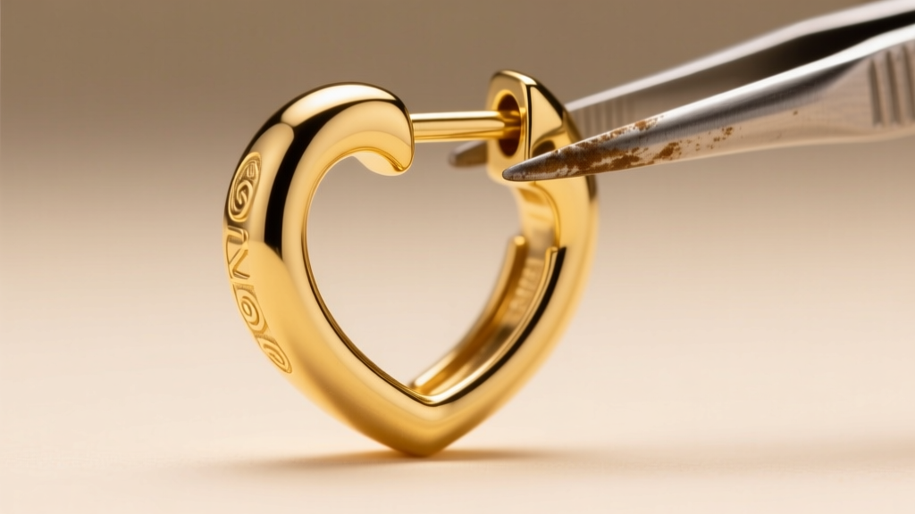 Macro shot of an 18-gauge gold heart hoop earring hinge being carefully inspected with fine tweezers under bright studio lighting.