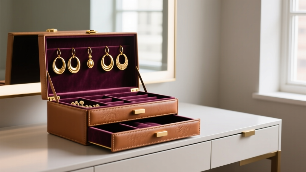 Lit vanity table displaying a premium leather storage earrings organizer with multiple velvet-lined drawers and hanging gold hoops