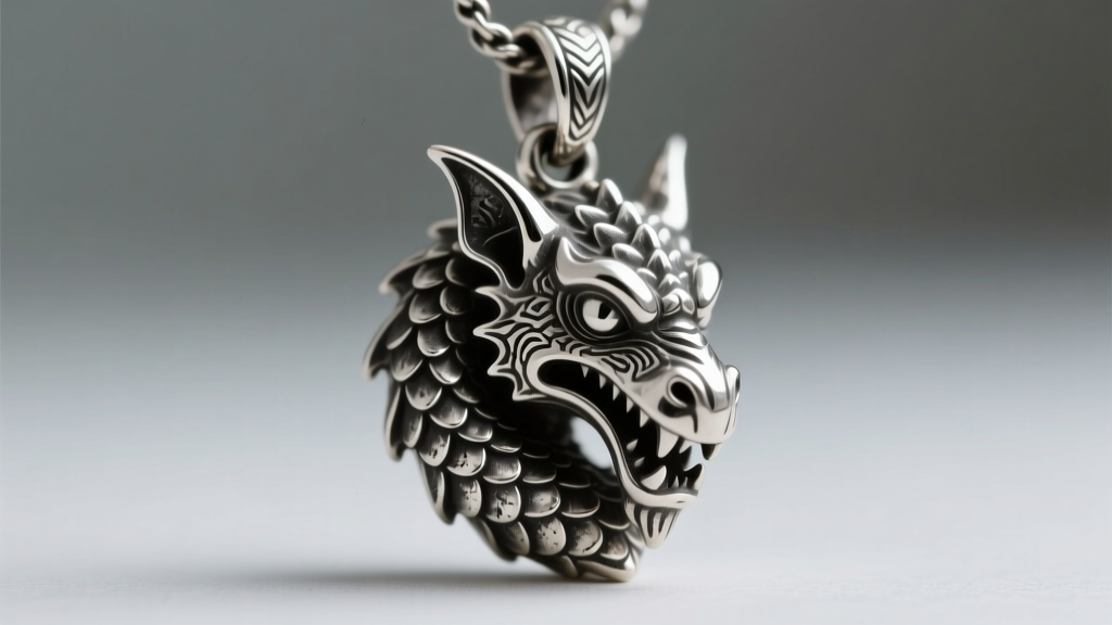 Macro shot of a sterling silver gargoyle monster pendant, highlighting intricate scale textures and oxidized recessed shadow lines