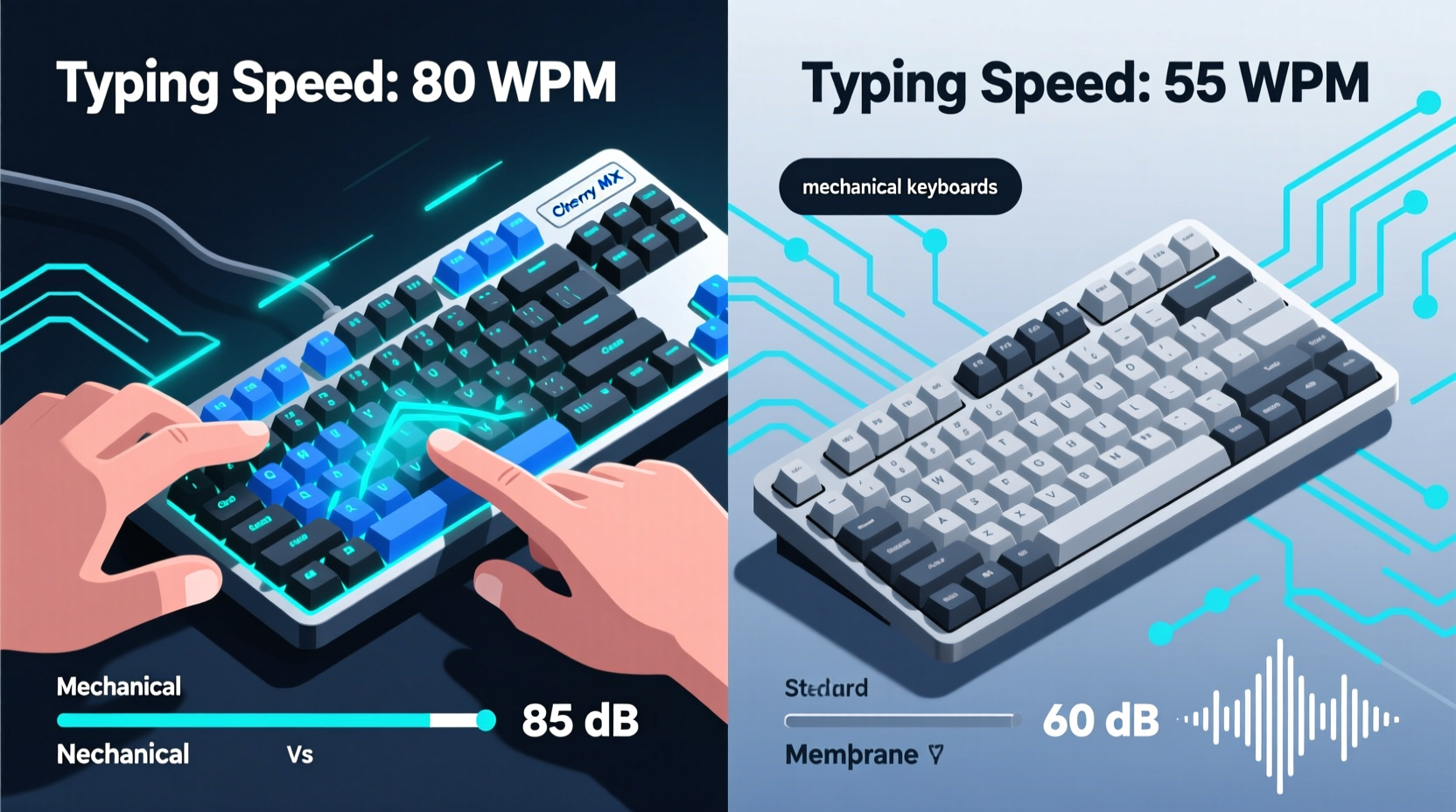 mechanical keyboards vs membrane for typing speed and noise level comparison