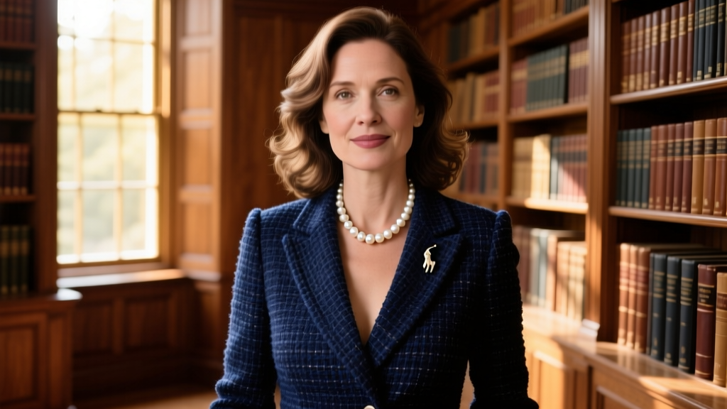 Woman in a tailored tweed blazer wearing an 18-inch Ralph Lauren pearl pendant necklace, softly lit in a mahogany library.