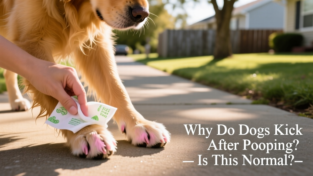 Close-up of dog's paws being wiped with a gentle pet wipe on a paved path