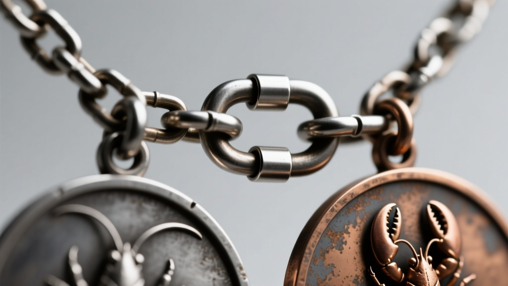 Macro shot of a 1.5mm steel box chain connecting two oxidized silver scapular medals, highlighting a secure lobster clasp.