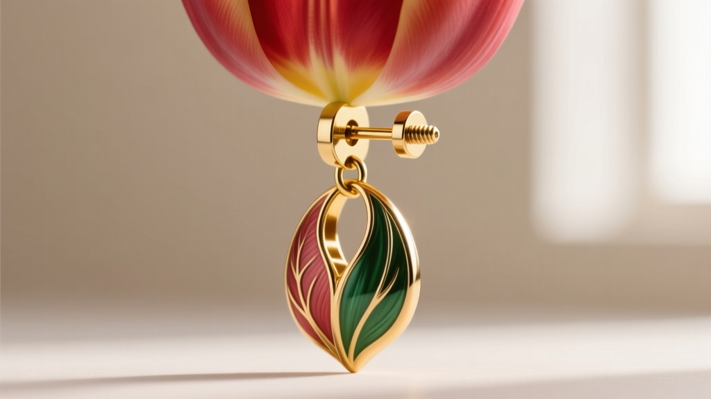 Close-up of an 18-gauge gold earring post with a secure screw-back, designed to support a heavy botanical tulip drop earring