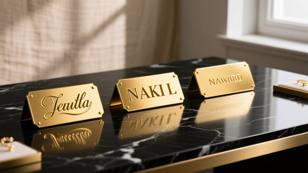 Jeweler desk showing three gold nameplate font samples: classic cursive, bold block letters, and minimalist sans-serif.