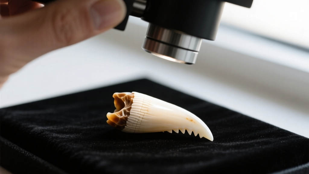 Jeweler examining a small intact shed alligator tooth under a magnifying lamp, highlighting natural ridges and off-white enamel.