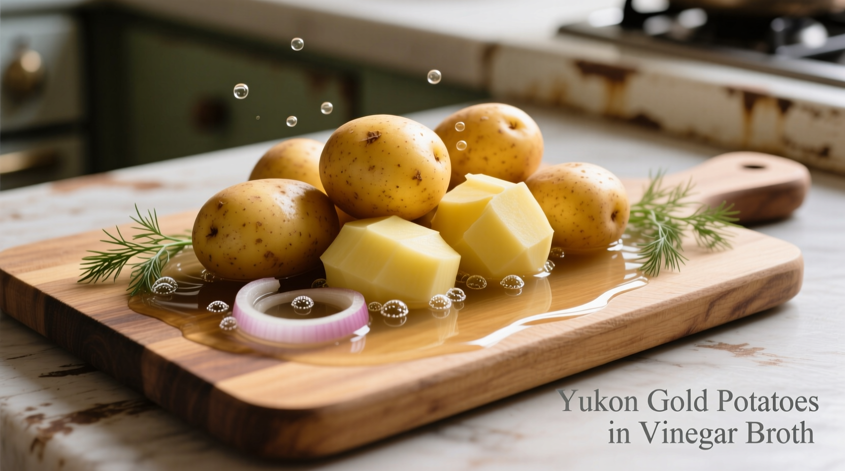 Yukon Gold potatoes cooling in vinegar broth