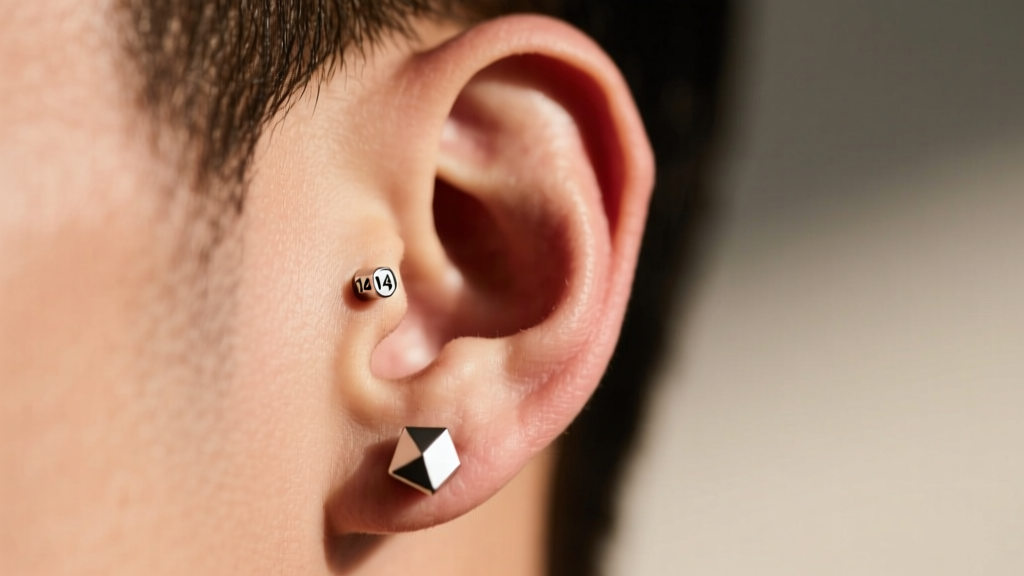 Male earlobe with a 14-gauge titanium stud earring, showing clean tissue and precise placement against a blurred background.