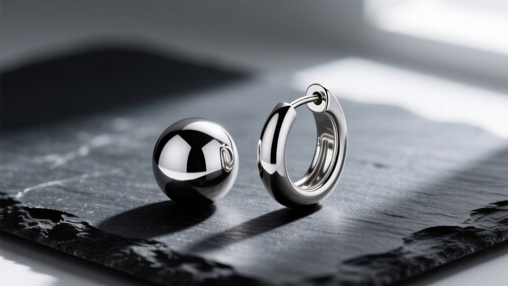 Macro shot of polished silver ball hoop earrings resting on dark slate, highlighting the seamless spherical bead and hinged clasp.