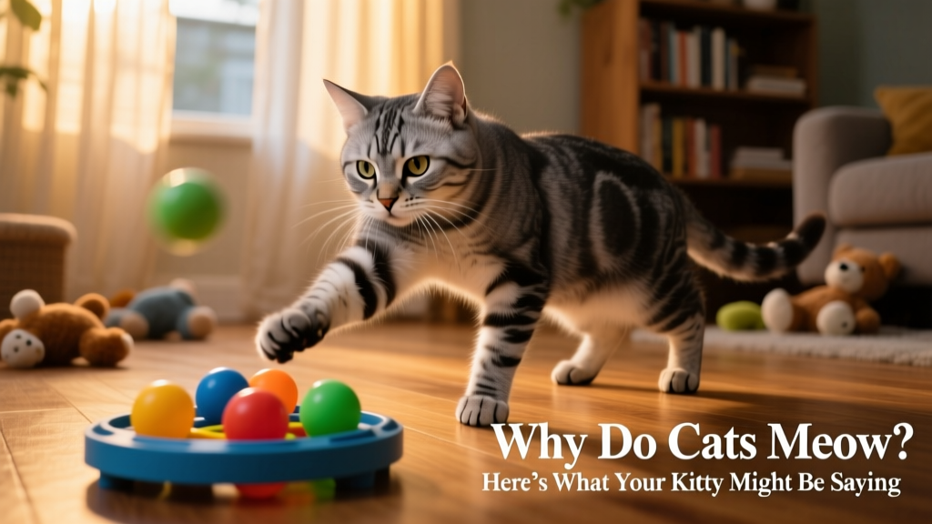 A cat batting at an interactive track toy filled with rolling balls during evening playtime