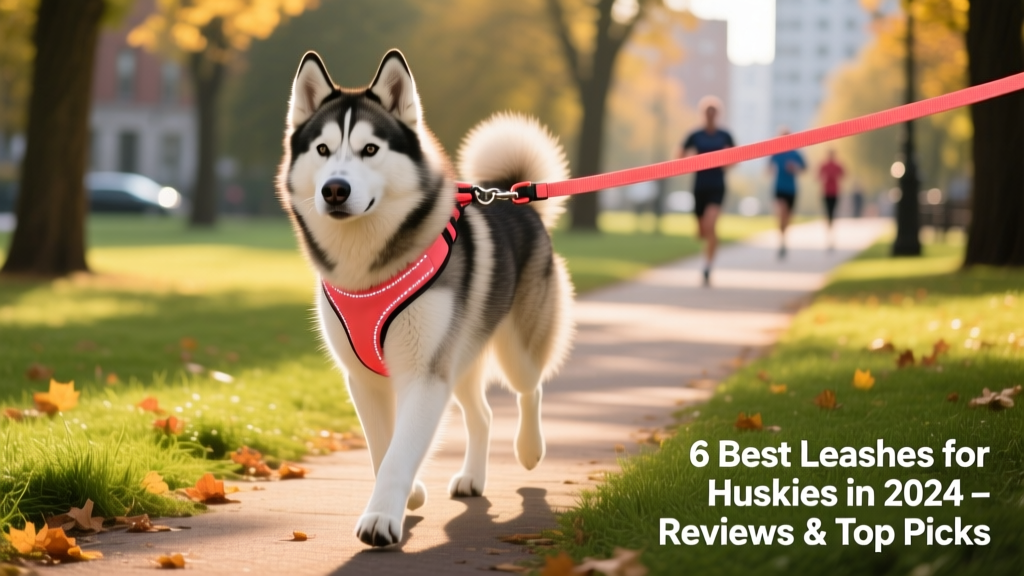 A Siberian Husky walking confidently on a padded no-pull leash in a sunny park