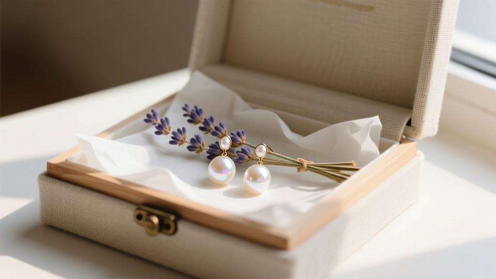 Elegant linen box showing handmade freshwater pearl drop earrings resting on a bed of dried lavender and crisp white tissue paper