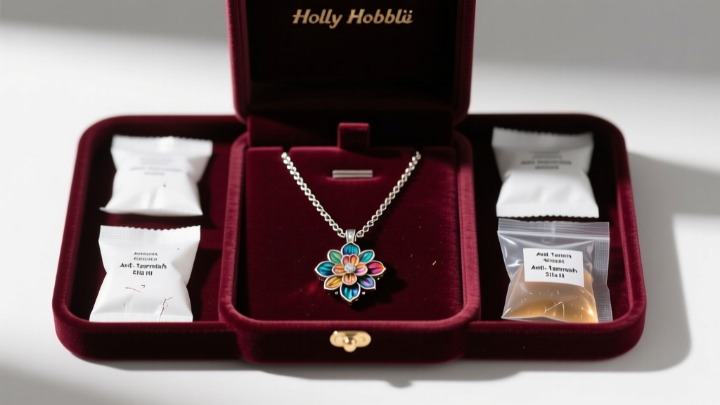 Organized velvet jewelry box displaying a restored Holly Hobbie necklace alongside anti-tarnish strips and silica gel packets.