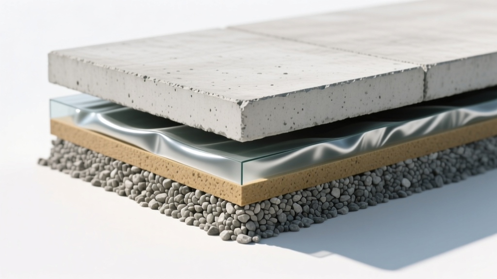 Cross-section diagram showing the layered makeup of a concrete slab foundation with compacted gravel base and poly vapor barrier