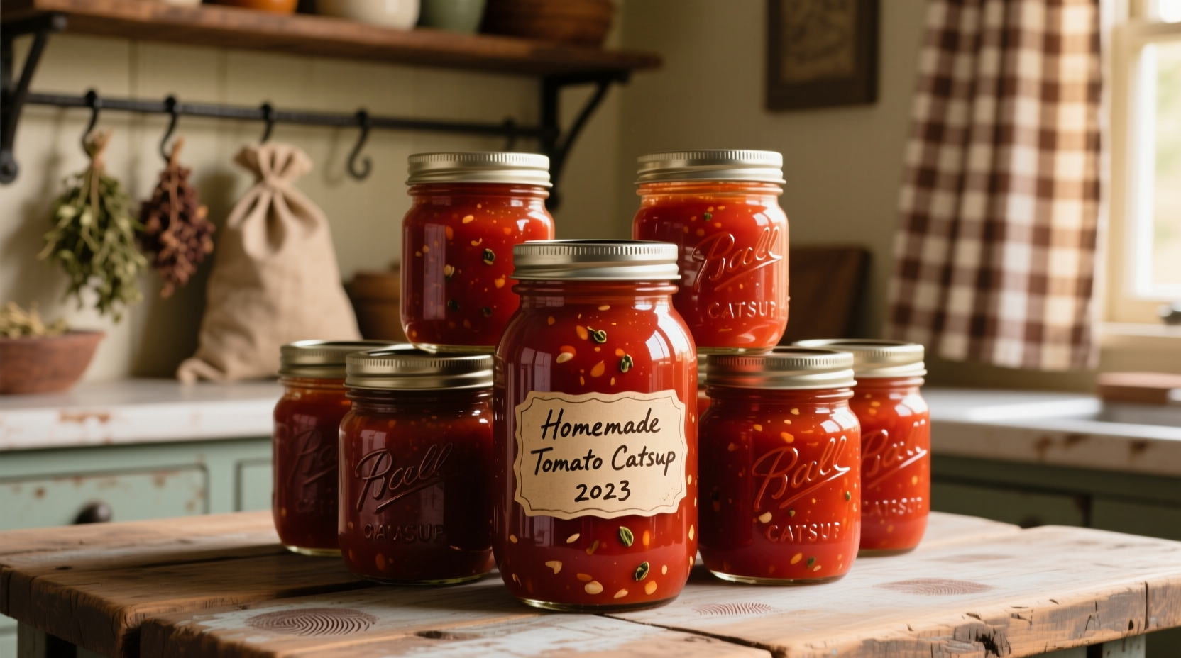 Vintage mason jars filled with deep red homemade tomato catsup
