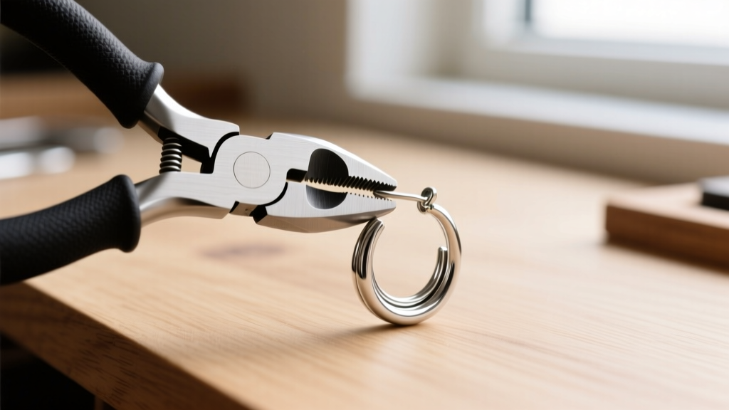 Nylon-jaw pliers gently realigning the misaligned clicker hinge of a silver paper clip hoop earring on a clean wooden workbench.