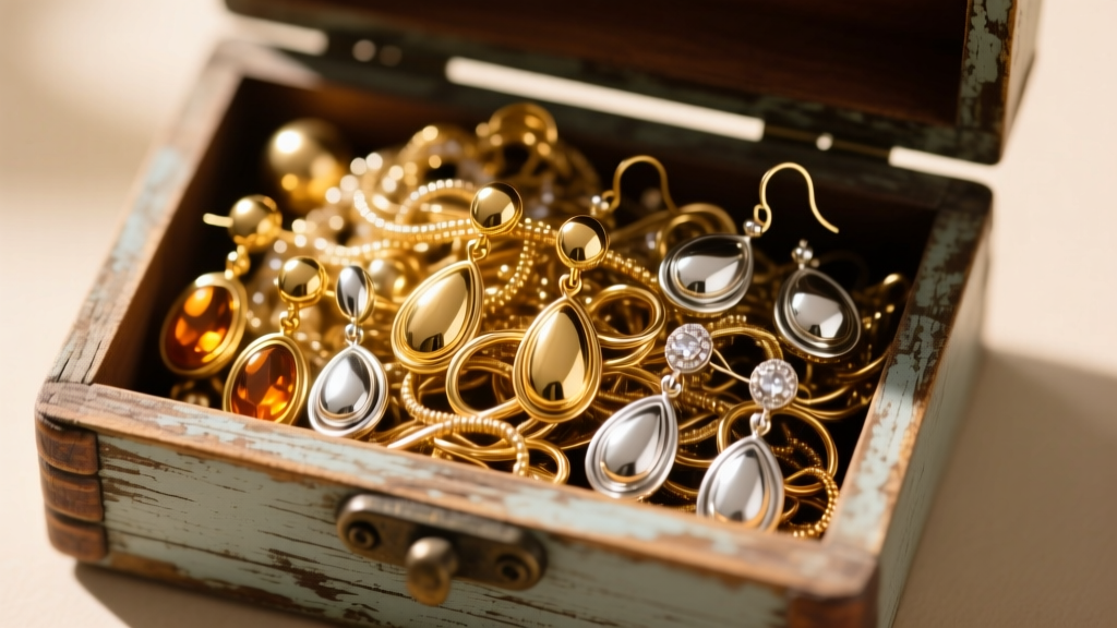 Top-down view of a vintage wooden box filled with tangled gold and silver drop earrings, illuminated by soft, warm natural light.