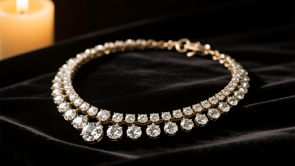 Vintage 1880s diamond necklace resting on dark velvet, illuminated by warm candlelight to highlight the faceted glass gemstones