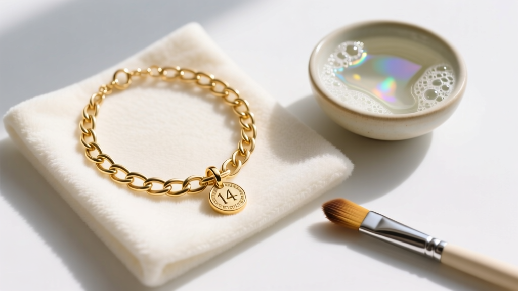Overhead shot of a 14k gold filled charm necklace on a microfiber cloth next to a small bowl of soapy water and a soft brush