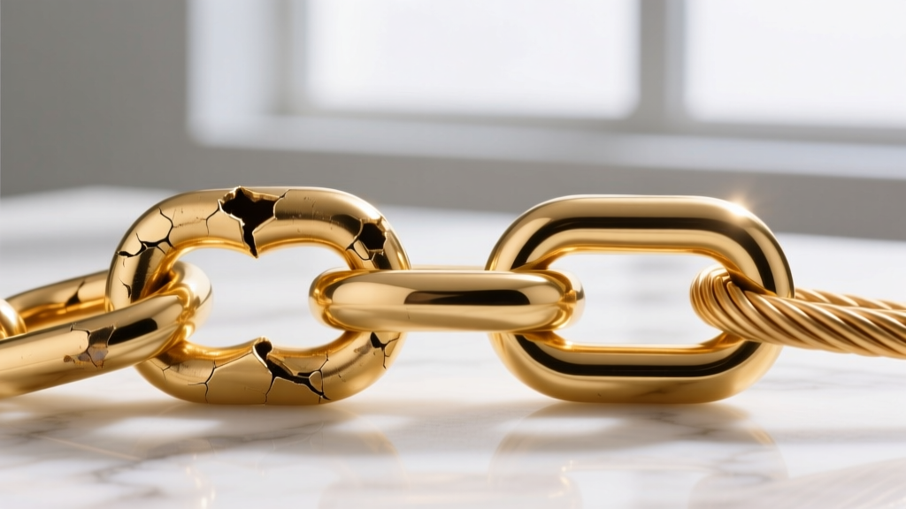 Macro photography comparing a dented hollow gold chain link next to a pristine solid gold cable link on a white marble surface