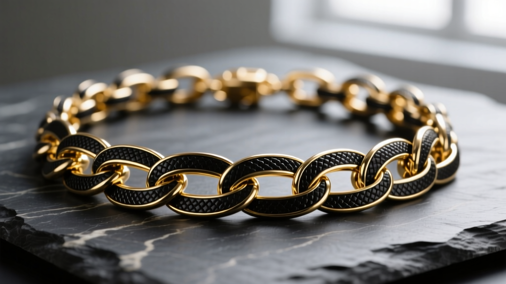 Macro shot of a black golden necklace chain with ruthenium-plated 18k gold links on slate, showing dark metal and gold edges.