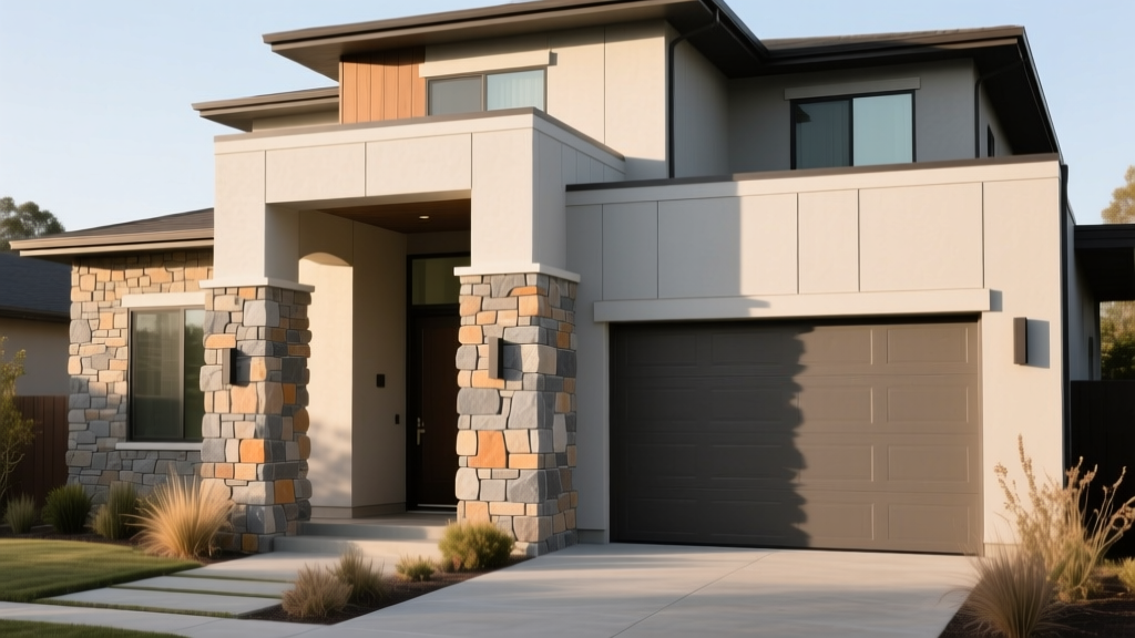 Modern exterior home facade featuring a mix of ledgestone manufactured veneer and natural fieldstone around the entryway and garage columns