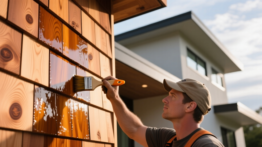 Close-up of a contractor applying a semi-transparent penetrating oil stain to freshly installed western red cedar shingle siding on a modern home exterior