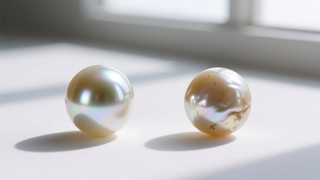 Comparison of a modern resin faux pearl and a vintage Marvella essence d'orient glass pearl illuminated by soft natural daylight.