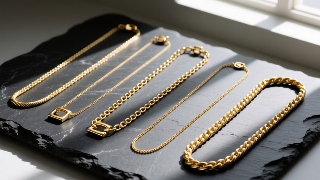 Flat lay of five gold necklace chains ranging from 14 to 22 inches, arranged in parallel lines on a dark slate stone background.
