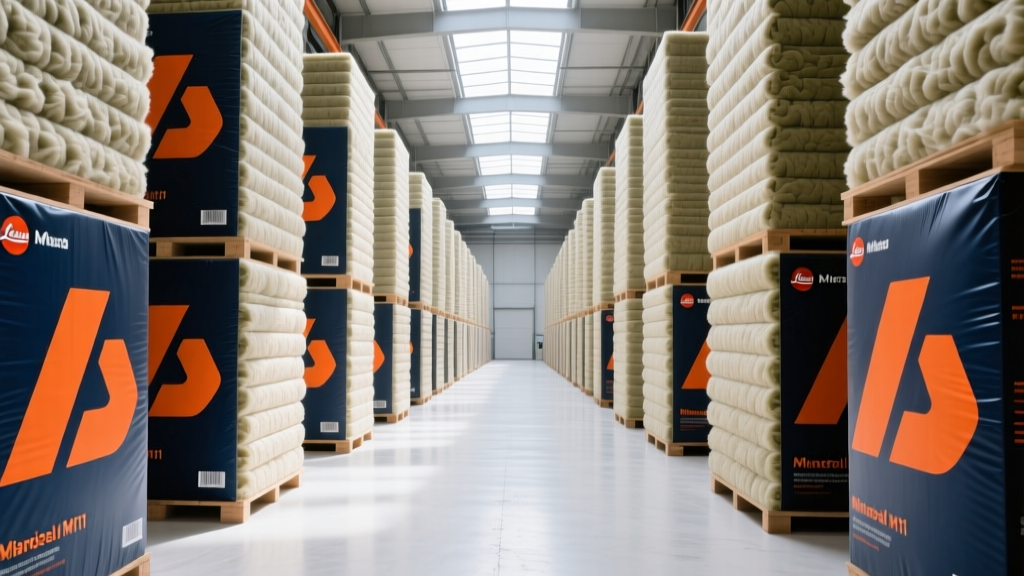 Industrial warehouse aisle stacked with dense mineral wool and fiberglass acoustic insulation batts in branded manufacturer packaging