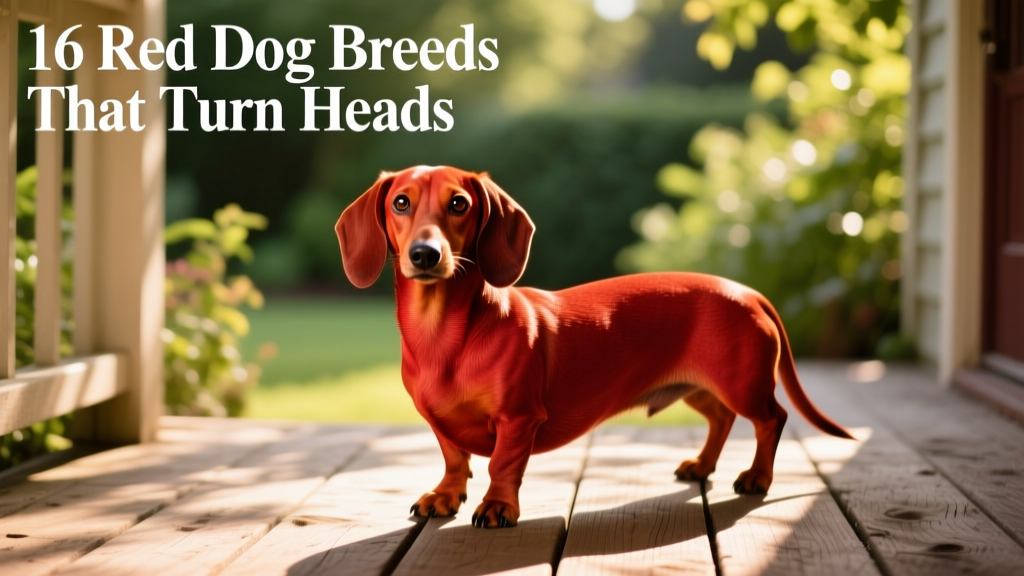 Red Dachshund standing alert on a sunlit porch, showcasing its sleek coat and expressive eyes